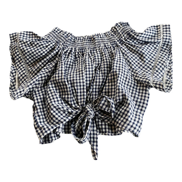 Olivaceous Linen off the Shoulder Gingham Knot Front cropTop L western cowgirl - Picture 1 of 4
